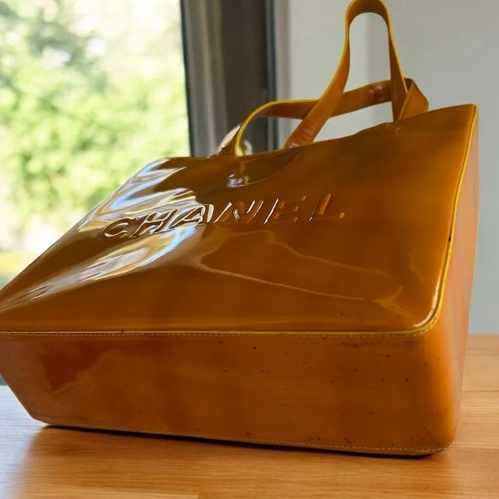 CHANEL Mustard Yellow Patent Leather Tote